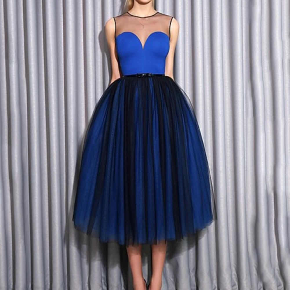 Lea Lis blue and black mesh overlay dress